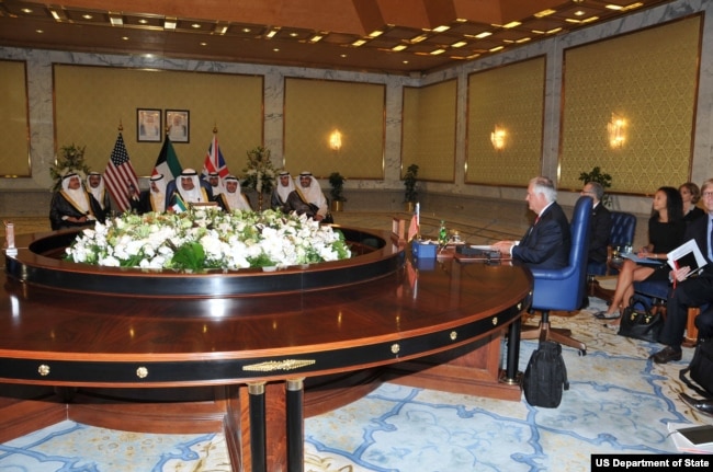 Secretary of State Rex Tillerson participates in a meeting with Foreign Minister Sheikh Sabah al-Khaled, State Minister for Cabinet Affairs and Acting Minister of Information Sheikh Mohammed al-Abdullah al-Mubarak a-Sabah, and British National Security Adviser Mark Sedwill at Bayan Palace in Kuwait City, Kuwait, July 10, 2017.