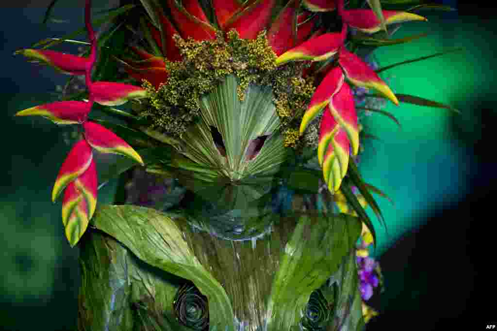 A model presents a creation made with organic elements by Colombian designer Juan Pablo Garzon during BioFashion show in Cali, Colombia, Nov. 29, 2014.