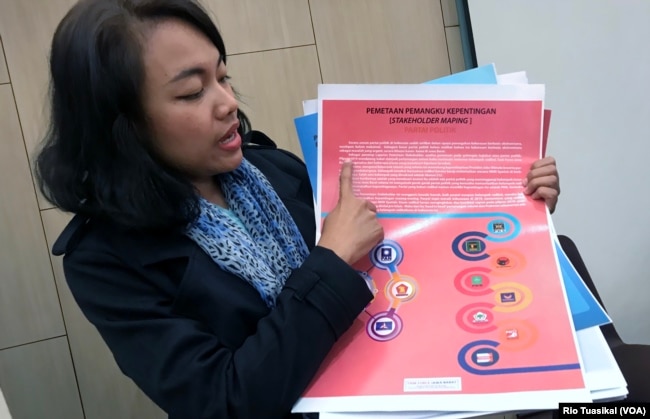 Koordinator Task Force Jawa Barat Ni Loh Gusti Madewanti menunjukkan hasil pemetaannya terhadap 16 parpol. Hanya 1 partai yang memiliki platform toleransi yang jelas. (Foto: Rio Tuasikal/VOA)