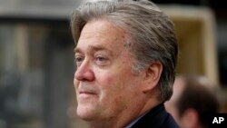 FILE - Steve Bannon, chief White House strategist to President Donald Trump, is seen in Harrisburg, Pa., April 29, 2017. Bannon says there’s no military solution to North Korea’s threats and says the U.S. is losing the economic race against China.