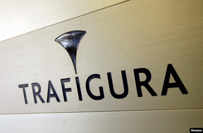 FILE - The Trafigura logo is pictured in the company entrance in Geneva, Switzerland, March 11, 2012.