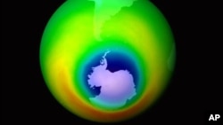 This graphic shows the data from the Total Ozone Mapping Spectrometer (TOMS) Earth Probe, for the month of October 1999. Areas of depleted ozone over the Antarctic are shown in blue. The hole in the ozone layer over the Antarctic is opening up, with ozone