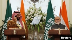 Saudi Arabia's Crown Prince Mohammed bin Salman attends a meeting with Indian Prime Minister Narendra Modi at Hyderabad House in New Delhi, India, Feb. 20, 2019. 