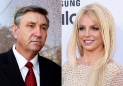 FILE - In this combination photo, Jamie Spears, father of pop star Britney Spears, leaves the Stanley Mosk Courthouse in Los Angeles, California, Oct. 24, 2012, left, and Britney Spears arrives at the Billboard Music Awards in Las Vegas, Nevada, May 17, 2