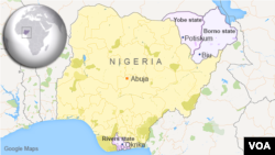 Map showing Okrika, Biu, and Potiskum, Nigeria