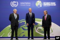 Прем'єр Великої Британії Борис Джонсон, президент США Джо Байден та генсек Антоніу Гутерреш під час кліматичного саміту ООН COP26