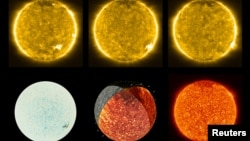 Images of the Sun taken with Polarimetric and Helioseismic Imager (PHI) and Extreme Ultraviolet Imager (EUI) of the Solar Orbiter spacecraft are seen in a combination of photographs released by NASA July 16, 2020. 