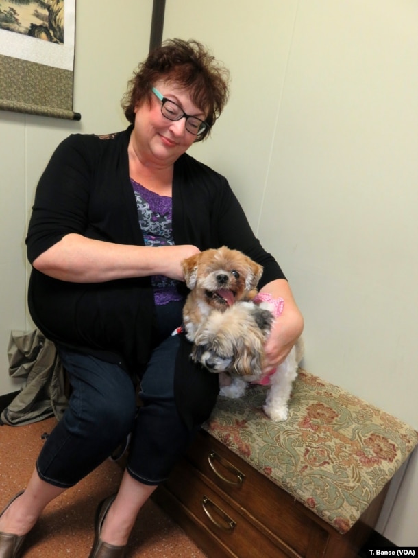 Michelle Batten of Portland gives Canna-Pet capsules to her two aging dogs, Willy and Gracie.