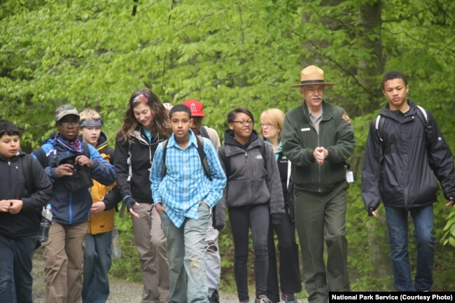 NPS Director Jonathan Jarvis during a wilderness walk with students at Prince William Forest Park, Virginia