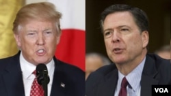 Prezida Donald Trump (i bubanfu) na James Comey, aherutse gukomborwa mu mabanga yo kurongora ikigo kijejwe gukora amatohoza ku vyaha FBI (i buryo) 