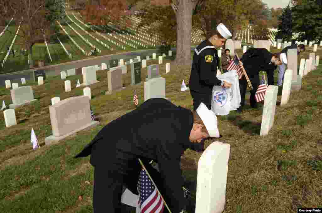 Members of the U.S. Naval Sea Cadet Corps take part in the Flags Across America event at Arlington National Cemetery in Arlington, Va., Nov. 10, 2012. (Coast Guard / Petty Officer 3rd Class Lisa Ferdinando)