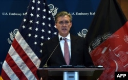 US Special Representative for Afghanistan and Pakistan, Ambassador Richard Olson speaks during a press conference at the US Embassy in Kabul, Dec. 6, 2015.