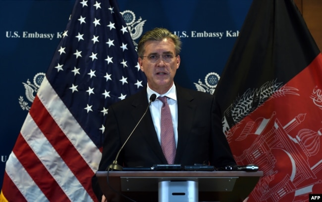 US Special Representative for Afghanistan and Pakistan, Ambassador Richard Olson speaks during a press conference at the US Embassy in Kabul, Dec. 6, 2015.