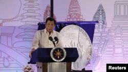 FILE - Philippine President Rodrigo Duterte speaks during the Philippines' ASEAN Chairmanship launch at SMX Convention Center in Davao city, southern Philippines, Jan. 15, 2017. 