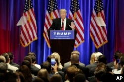 Republican presidential candidate Donald Trump speaks at the Trump Soho Hotel in New York, June 22, 2016.