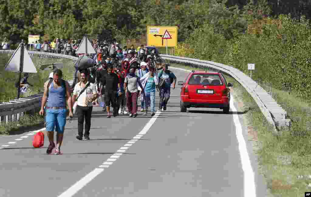 A group of migrants walk on the road near Bezdan, Serbia, towards Croatia. Thousands of migrants poured into Croatia, setting up a new path toward Western Europe after Hungary used tear gas and water cannons to keep them out of its territory.