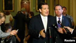 U.S. Senator Ted Cruz (C) and Senator Mike Lee (2nd R) speak to reporters about their opposition after the Senate passed a spending bill to avoid a government shutdown, at the U.S. Capitol, Sept. 27, 2013.