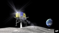 FILE - In this artist rendering released by the Japan Aerospace Exploration Agency, or JAXA, April 20, 2015, the space explorer named SLIM (Smart Lander for Investigating Moon) lands on the moon.