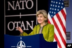 U.S. Ambassador to NATO Kay Bailey Hutchison speaks during a media conference at NATO headquarters in Brussels on Nov. 7, 2017.