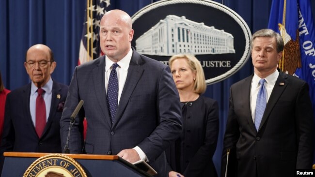 Quyền Bộ trưởng Tư pháp Mỹ Matthew Whitaker, tuyên bố truy tố công ty Huawei Technologies Co Ltd, của Trung Quốc tại cuộc họp báo ở Bộ Tư pháp ngày 28/1/2019.