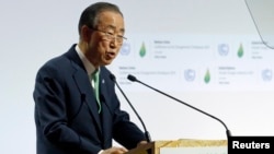 United Nations Secretary General Ban Ki-moon delivers a speech for the opening day of the World Climate Change Conference 2015 (COP21) at Le Bourget, near Paris, France, Nov. 30, 2015. 