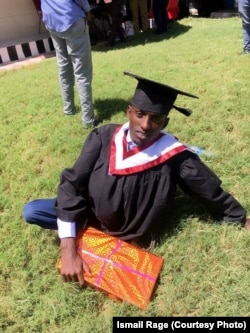 Somalian Ismail Rage, 22, did not let his disability -- his legs were paralyzed after he contracted polio at the age of 3 -- keep him from his goal of graduating from Simad University in Mogadishu. He received a bachelor's degree in banking and financing.