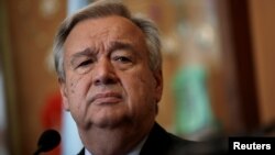 FILE - U.N. Secretary-General Antonio Guterres, pictured at a news conference in Lisbon, Portugal, July 3, 2017, says negotiations regarding tension on the Korean Peninsula "will depend on the will of the parties. My appeal is not for any specific solution."