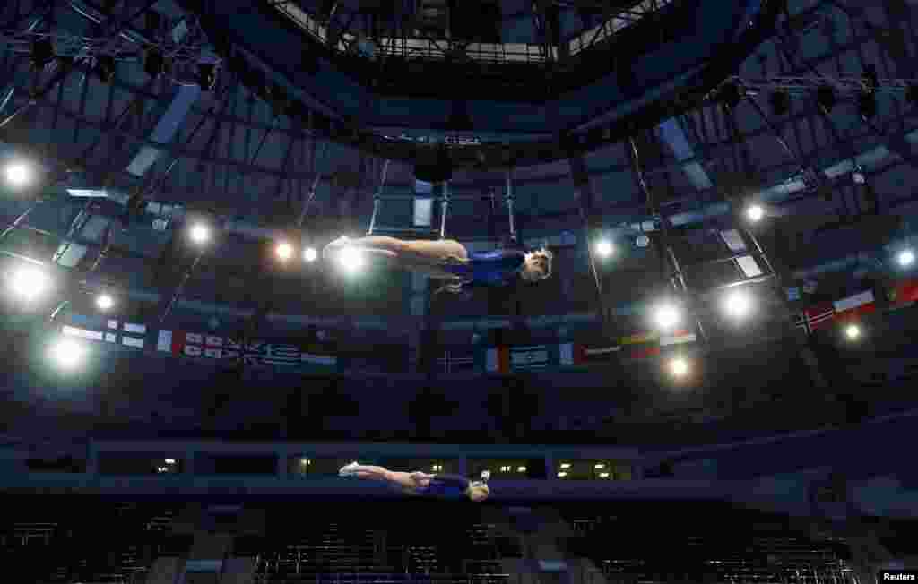 Portugal's Silvia Saiote and Beatriz Martins compete in the Women's Synchronized Trampoline Gymnastics final at the 2019 European Games in Minsk, Belarus, June 25, 2019.