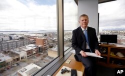 Everett Mayor Ray Stephanson sits in his corner office overlooking downtown Everett, Washington, Feb. 16, 2017.