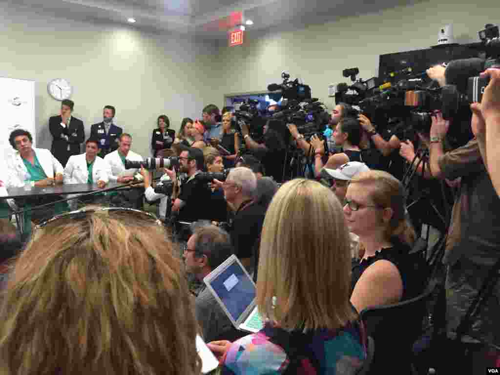 Media attend a news conference in which several survivors spoke of the meless during a mass shooting early Sunday in Orlando, Florida, at the Orlando Regional Medical Center, June 14, 2016.