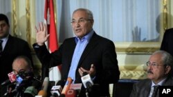 Egyptian Prime Minister Ahmed Shafiq talks during a press conference in Cairo, February 13, 2011