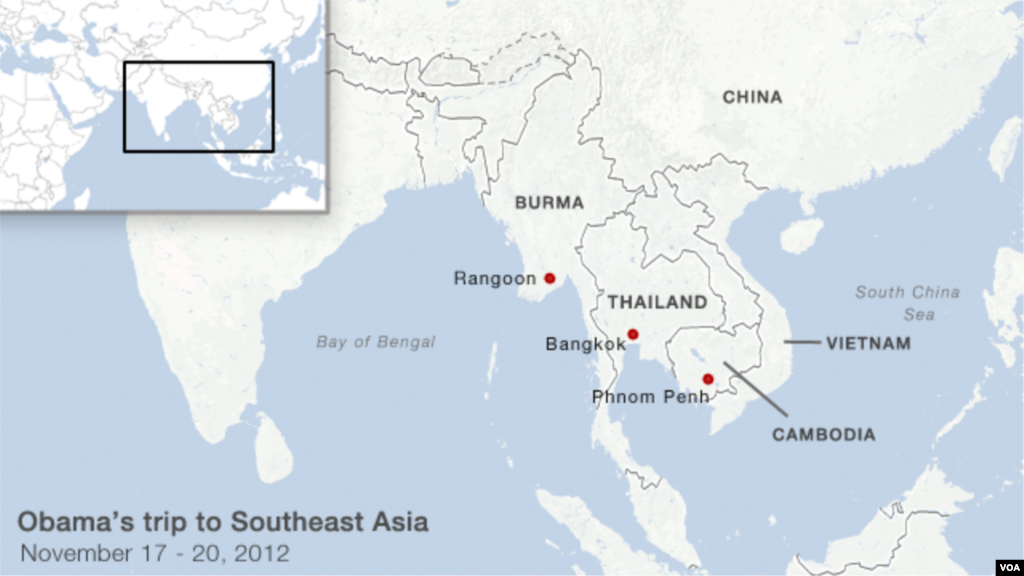 17일에서 20일까지 동남아시아(태국, 버마, 캄보디아) 순방길에 오른 바락 오바마 미 대통령의 행선지를 보여주는 지도.
