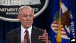 FILE - Attorney General Jeff Sessions speaks during a news conference at the Justice Department in Washington, March 2, 2017.