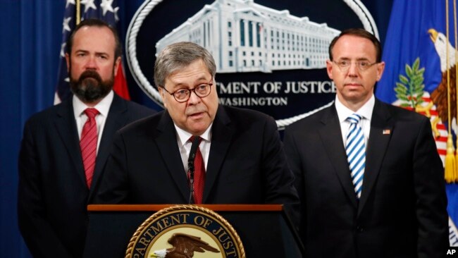 Attorney General William Barr speaks about the release of a redacted version of special counsel Robert Mueller's report, April 18, 2019.