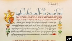 A detail from the Instrument of Consent is seen at the Crown Office at the House of Lords in London, April 21, 2011
