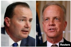 FILE - A combination photo shows Republican Senators Mike Lee speaking in Washington, March 21, 2017, and Jerry Moran speaking in Washington, Jan. 8, 2015.