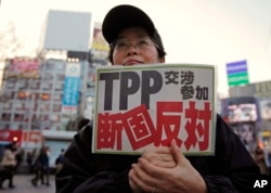 FILE - A protester holds a sign reading "We oppose Japan to join the TPP negotiation talks" during a rally against the Trans-Pacific Partnership in Tokyo.