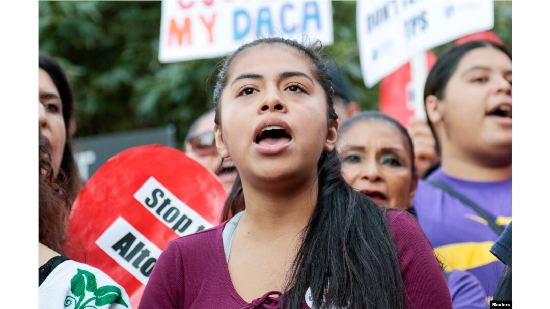 Rocio, a Deferred Action for Childhood Arrivals (DACA) program recipient, shouts with supporters during a rally outside the Federal Building in Los Angeles, Sept. 1, 2017.