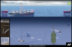 Graphic depicting the Riser Insertion Tube method to contain oil leaking from the riser of the Deepwater Horizon Well.