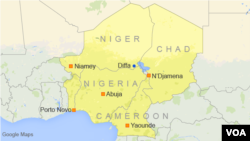 Map showing Niger, Nigeria, Chad, Cameroon, and Benin