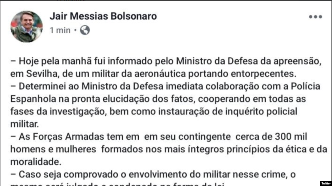 Tweet de Jair Bolsonaro sobre detenção de militar que transportava drogas no avião de reserva presidencial