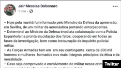 Tweet de Jair Bolsonaro sobre detenção de militar que transportava drogas no avião de reserva presidencial
