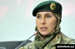 Ukraine – Amina Okueva, a participant in the war on the Donbass, during a press conference on the topic: "The war in Ukraine: Chechen mirror. Exhibition and Conversation." Kyiv, November 25, 2015