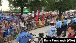 Police block Bernie Sanders supporters outside the site of the DNC convention in Philadelphia.