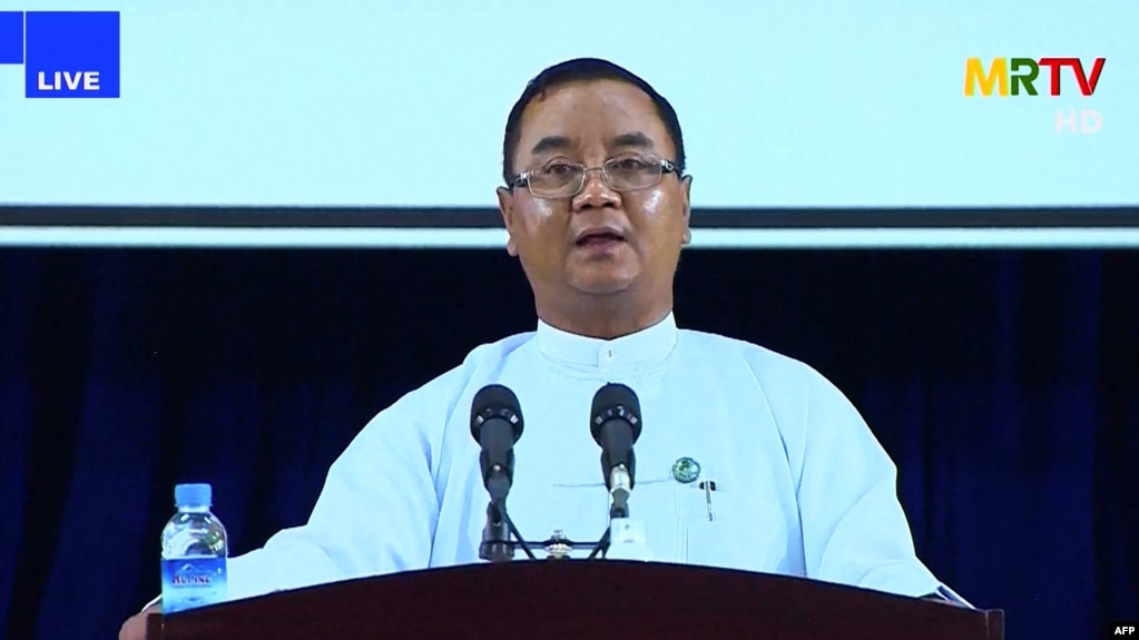 This screengrab provided via AFPTV and taken from a broadcast by Myanmar Radio and Television (MRTV) in Myanmar on April 9, 2021 shows junta spokesman Brigadier General Zaw Min Tun speaking during a live press conference organised by the military governme
