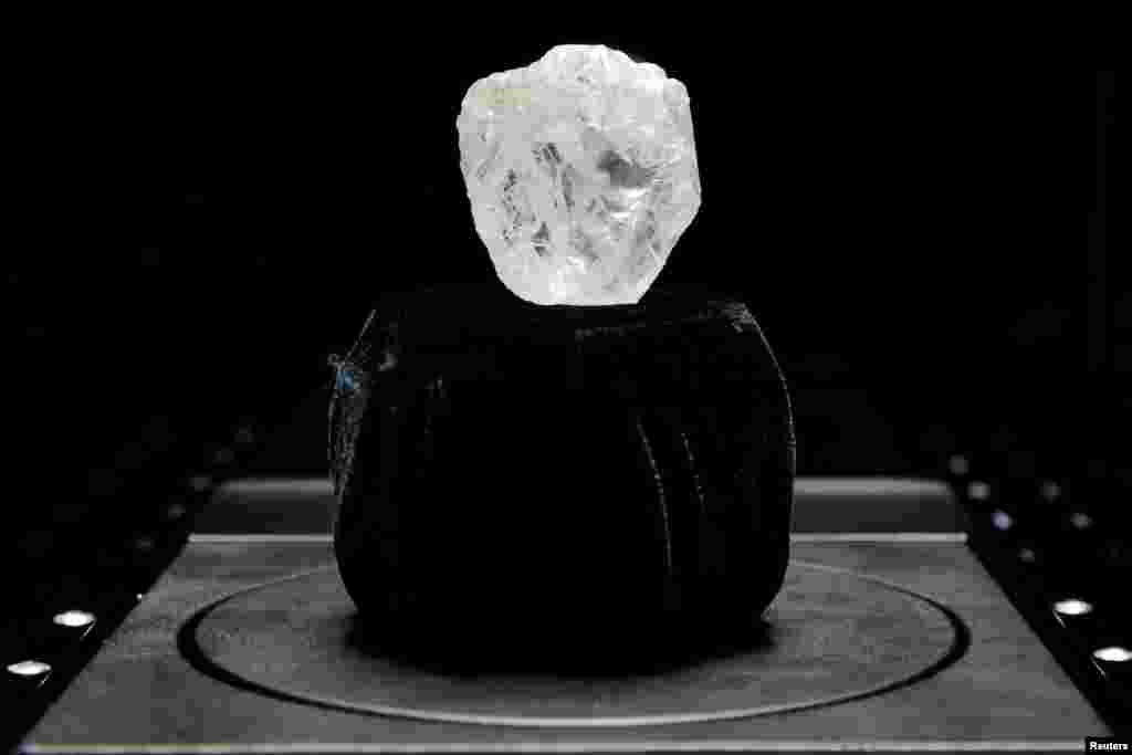 The 1109-carat &quot;Lesedi La Rona&quot; diamond is displayed in a case at Sotheby&#39;s in the Manhattan borough of New York, USA.