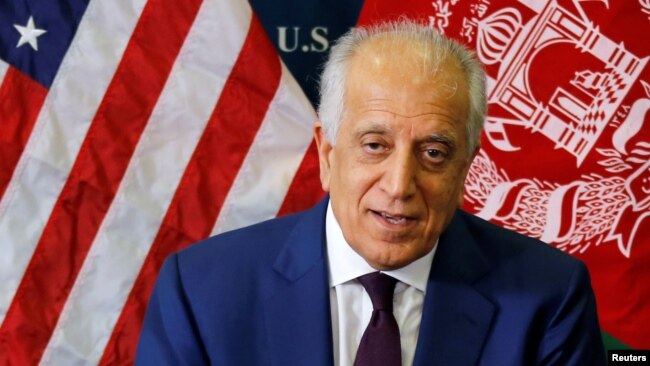 U.S. special envoy for peace in Afghanistan, Zalmay Khalilzad, talks with local reporters at the U.S. embassy in Kabul, Afghanistan, Nov. 18, 2018. 