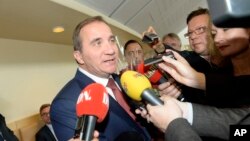 Sweden's Social Democrat party leader Stefan Lofven speaks to the media after he was voted as the new Prime Minister of Sweden, in Stockholm, Oct. 2, 2014. 