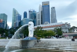 Patung Merlion, landmark wisata populer, di Singapura Senin, 31 Mei 2021. (Foto: AP)