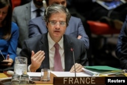 Francois Delattre, Permanent Representative of France to the United Nations, speaks during the United Nations Security Council meeting on Syria at the U.N. headquarters in New York, April 13, 2018.